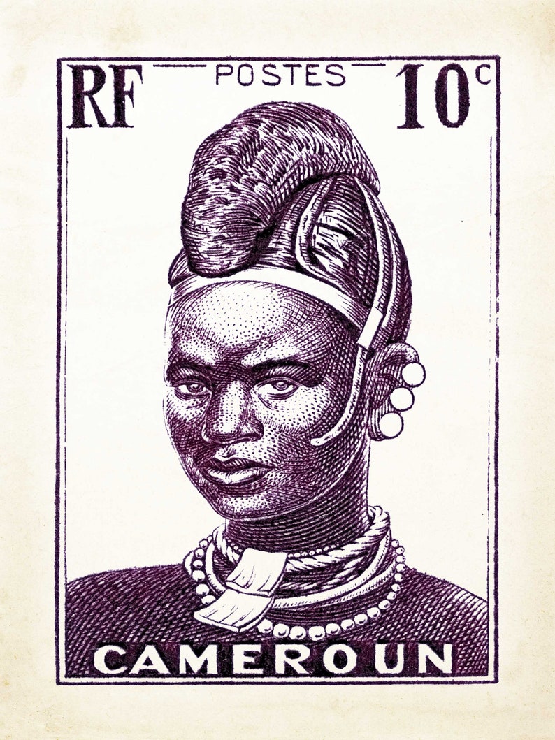 May include: A purple and white stamp with a portrait of a person wearing a beaded necklace and a headdress. The stamp reads "RF POSTES 10c CAMEROUN".
