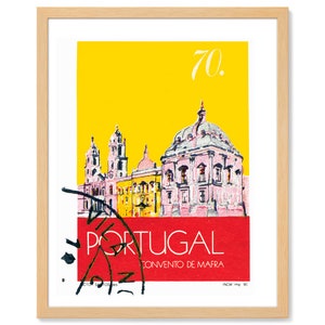 May include: A vintage yellow and red travel poster featuring a pink illustration of the Convento de Mafra, a large monastery in Portugal. The poster has the text "70." and "PORTUGAL" in red and "CONVENTO DE MAFRA" in black.