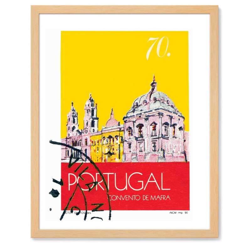 May include: A vintage yellow and red travel poster featuring a pink illustration of the Convento de Mafra, a large monastery in Portugal. The poster has the text "70." and "PORTUGAL" in red and "CONVENTO DE MAFRA" in black.