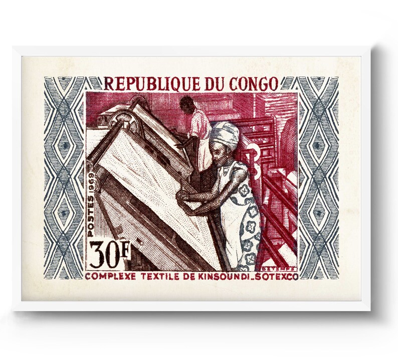 May include: A red and white stamp from the Republic of Congo with a 30F denomination. The stamp features a black and white illustration of two people working in a textile factory. The text "COMPLEXE TEXTILE DE KINSOUNSI_SOTEXCO" is printed below the illustration.