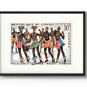 May include: A vintage postage stamp from the Republic of Congo featuring a colorful illustration of dancers in traditional clothing. The stamp reads "30f Postes" and "Folklore et Tourisme - Ballet Diaboua".