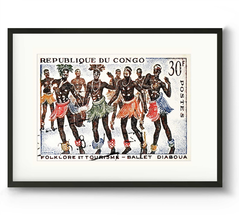 May include: A vintage postage stamp from the Republic of Congo featuring a colorful illustration of dancers in traditional clothing. The stamp reads "30f Postes" and "Folklore et Tourisme - Ballet Diaboua".