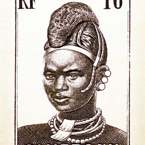 May include: A black and white vintage stamp from Cameroon featuring a portrait of a person wearing traditional headwear and jewelry. The stamp reads "RF POSTES 10c CAMEROUN".