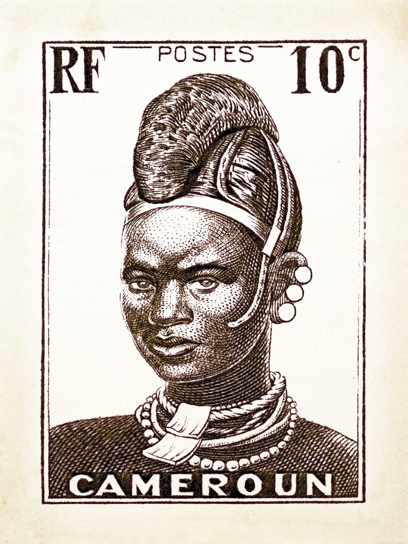 May include: A black and white vintage stamp from Cameroon featuring a portrait of a person wearing traditional headwear and jewelry. The stamp reads "RF POSTES 10c CAMEROUN".