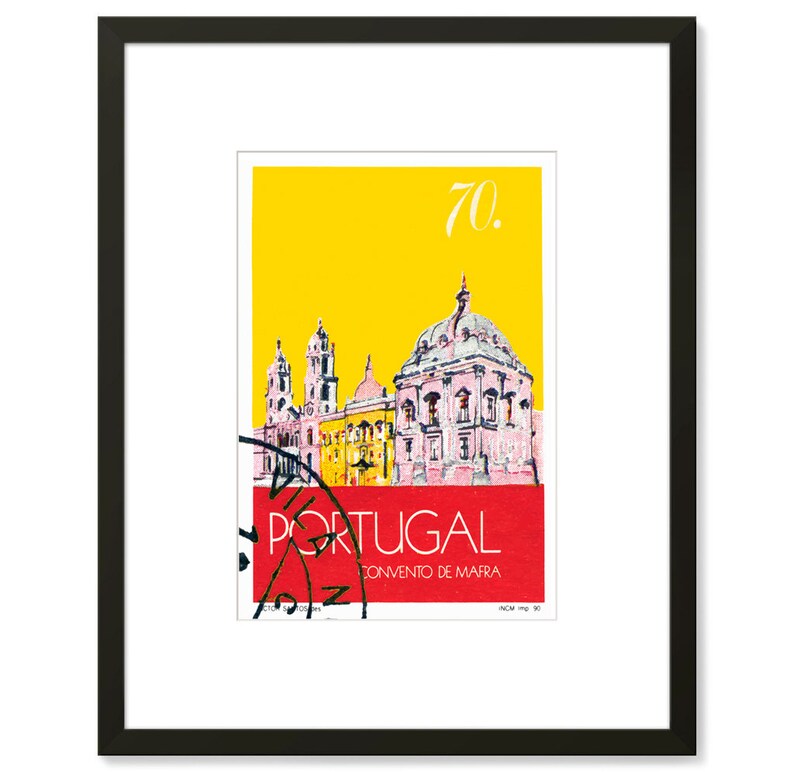 May include: A vintage-style illustration of a building with a yellow background and red text that reads "70. PORTUGAL CONVENTO DE MAFRA".
