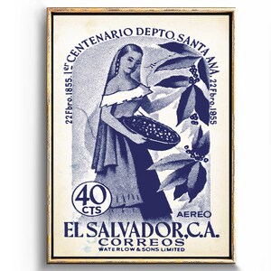 May include: Vintage El Salvador stamp art print in a gold frame. The blue and white design features a woman holding a bowl of coffee beans, with text including "Centenario Depto. Santa Ana" and "El Salvador, C.A. Correos".