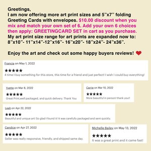 May include: A screenshot of a website with customer reviews for art prints. The website offers a discount on orders of 6 prints and lists the available sizes: 8x10, 11x14, 12x16, 16x20, 18x24, and 24x36 inches.