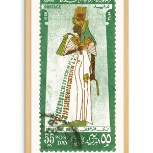 May include: A green postage stamp featuring a woman in a white pharaonic dress with a green headdress and a golden necklace. The stamp is from the United Arab Republic (UAR) and is dated 1968. The text on the stamp reads "الجمهورية العربية المتحدة UAR" and "PHARAONIC DRESS زی فرعونی".