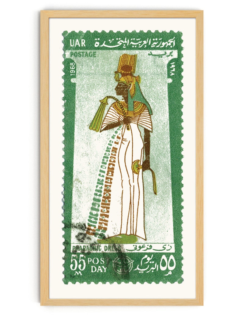 May include: A green postage stamp featuring a woman in a white pharaonic dress with a green headdress and a golden necklace. The stamp is from the United Arab Republic (UAR) and is dated 1968. The text on the stamp reads "الجمهورية العربية المتحدة UAR" and "PHARAONIC DRESS زی فرعونی".