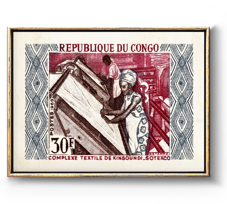 May include: A vintage postage stamp from the Republic of Congo featuring a red and white design. The stamp depicts two people working in a textile factory. The text on the stamp reads "POSTES 1969 30F COMPLEXE TEXTILE DE KINSOUN DI-SOTEXCO".