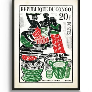 Vintage African Folk Art print, Black Woman Feminism Art Poster, Illustration print, Kitchen Wall art, Affiche vintage, Congo, BLM
