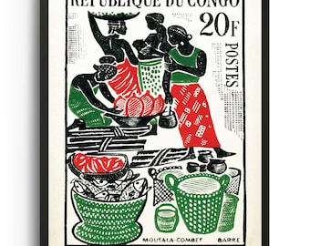 Vintage African Folk Art print, Black Woman Feminism Art Poster, Illustration print, Kitchen Wall art, Affiche vintage, Congo, BLM
