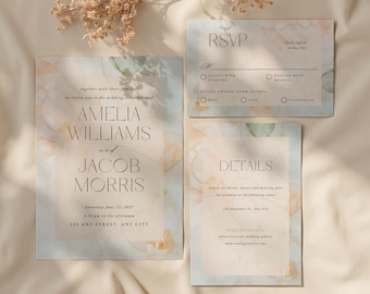 Elegant Floral Wedding Invitation Template Set, Pastel Wedding Suite with RSVP & Details Card, Modern Editable Invitation for Canva