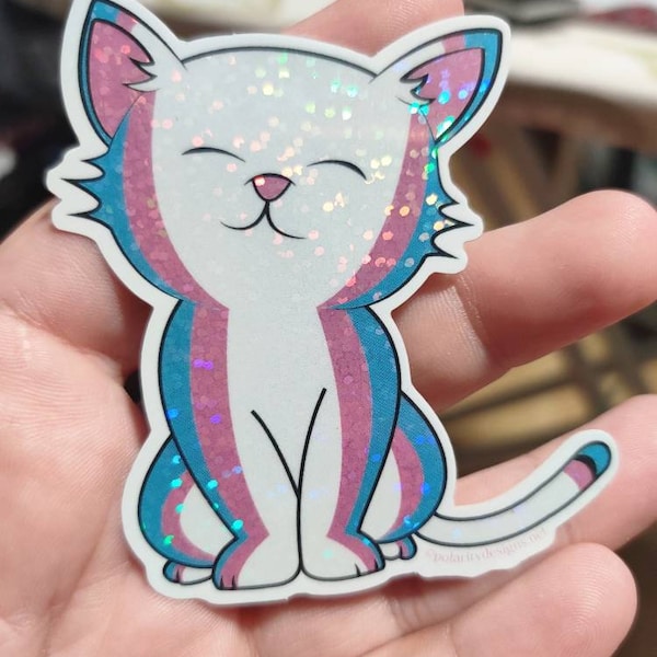 Trans Pride Glitter Kitty Sticker | Trans Pride Flag | Pride Sticker | Decal | Queer Art | Gifts Under 5