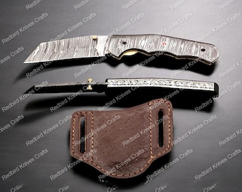 Handmade Damascus Steel Folding Knife: Twisted Blade, Leather Sheath