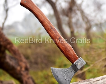 Hand Forged Damascus Viking Axe: Rosewood Handle, Leather Sheath