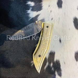 Handmade Damascus Pocket Knive Brass Handle Folding Knife Birthday Gift Groomsmen Gift Wedding Personalized Gifts for him