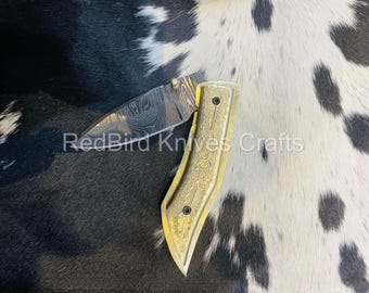 Handmade Damascus Folding Pocket Knife: Brass Handle, Leather Sheath