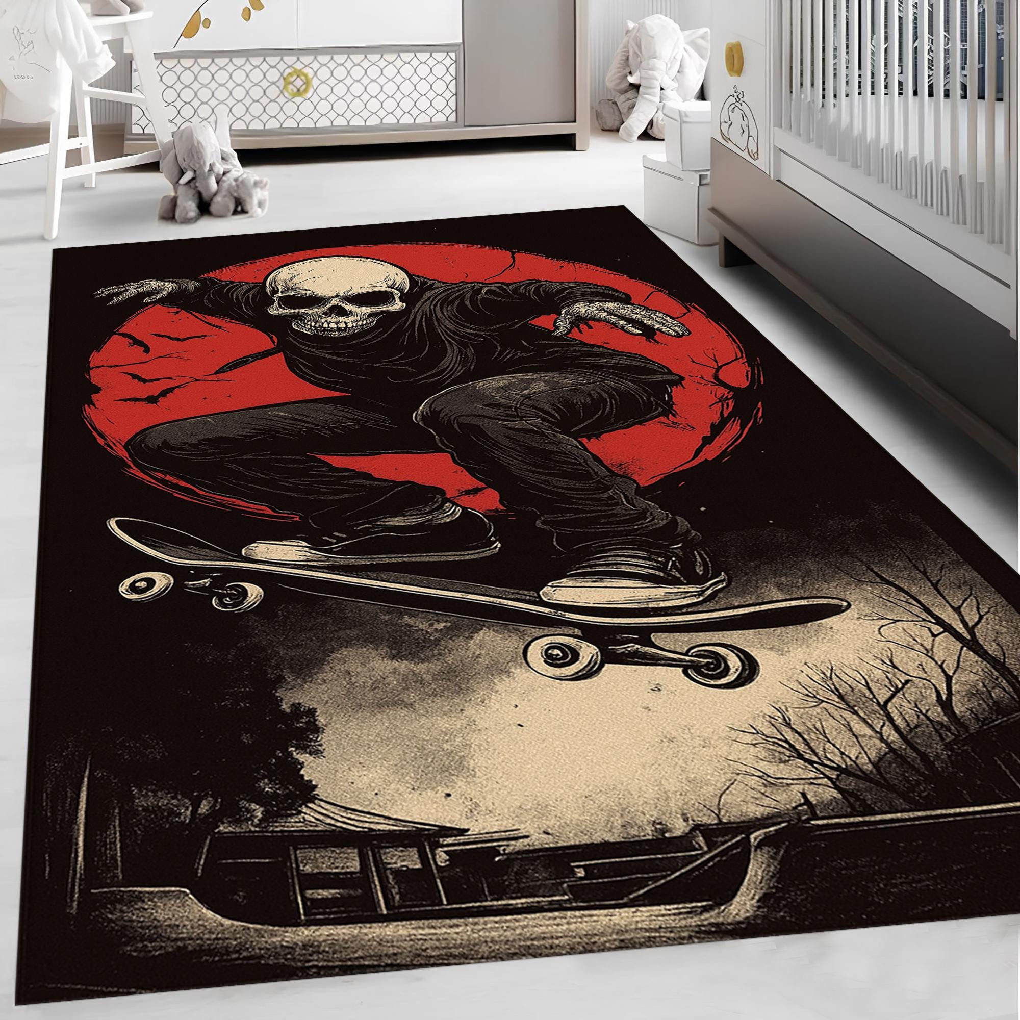ラグ・カーペット challenger skateboard rug gallery1950 Skull Skater Rug: Red Moon Carpet, Gothic Skateboard Design, Dark