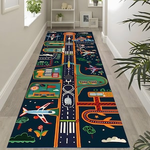 Kids Airport Runway Rug: Airplane Play Mat, Nursery Floor Decor