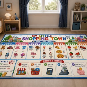 May include: A rectangular area rug featuring a colorful My Little Shopping Town graphic with various shops, items, prices, and a six-step shopping challenge. The design includes illustrations of toys, clothing, food, and a cash register.