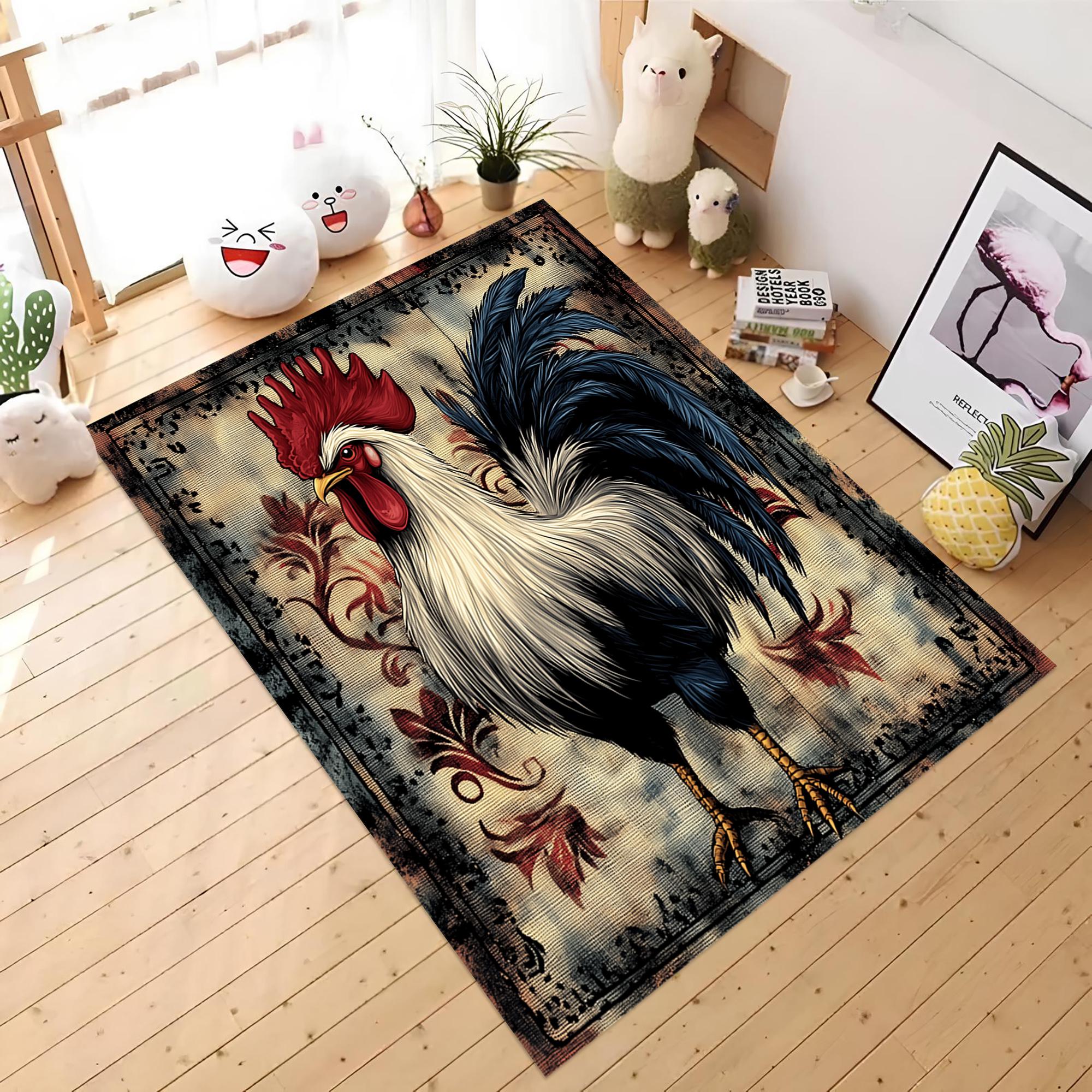 Vibrant Rooster Floral Kitchen Mat Non Slip Machine Washable