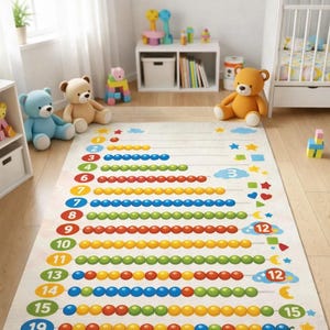 Peut inclure: Un tapis coloré pour enfants avec un motif de chiffres et de perles. Le tapis présente des rangées de perles colorées, des chiffres et des illustrations ludiques. Des ours en peluche et d'autres jouets entourent le tapis, créant un espace de jeu joyeux et éducatif.