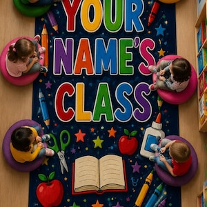 May include: A rectangular dark blue classroom rug featuring the text YOUR NAME'S CLASS in colorful letters. The rug displays illustrations of books, crayons, apples, stars, and a 12-inch ruler. Children sit on circular cushions around the rug.
