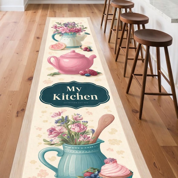Floral Kitchen Runner Rug: Pink Teapot Design, Cream Vintage Style Decor