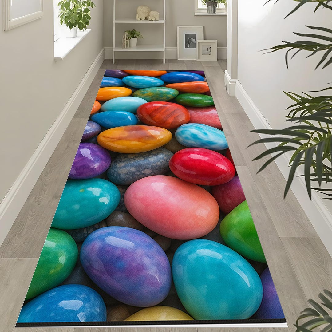 Colorful Stone Runner Rug – Vibrant Pebble Pattern Carpet – Playful ...