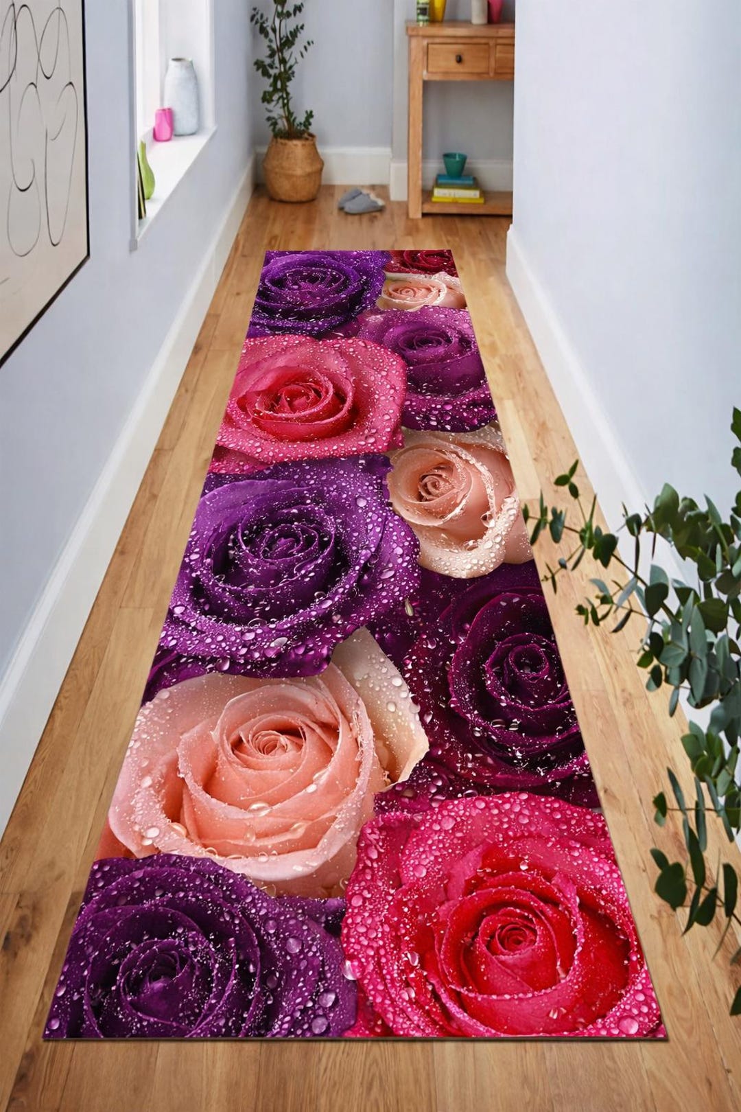 Rose Flower Runner Rug, Red Purple Blush Roses Carpet, Romantic Floral ...
