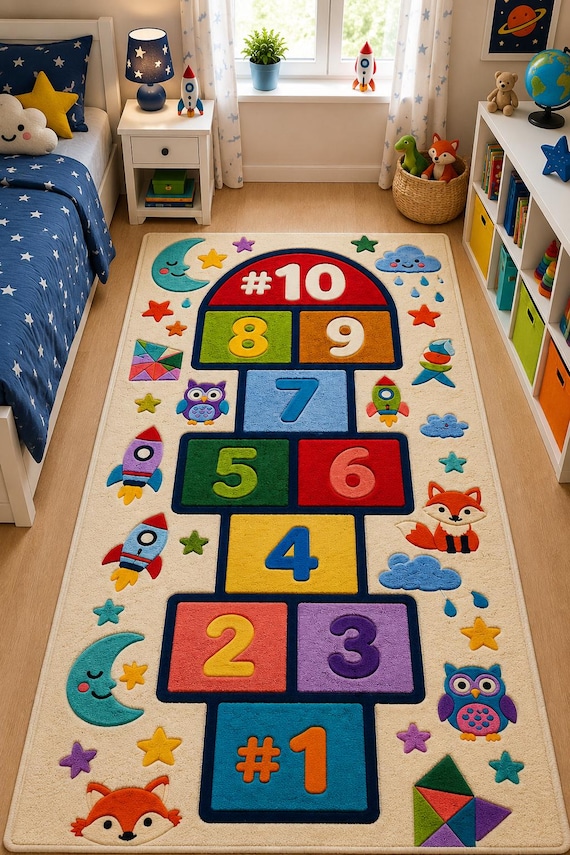 Hopscotch Kids Runner Rug, Educational Number Rug, Playroom Carpet, Nursery Learning Rug, Kids Bedroom Decor, Toddler Rug,