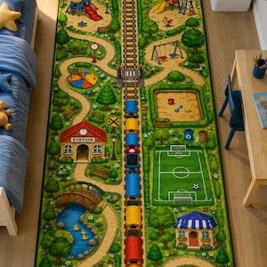 May include: A colorful children's play rug featuring a train track, playground, and soccer field design. The rug includes a train, station, bridge, and various play structures, all set against a green landscape. The rug is designed for kids.