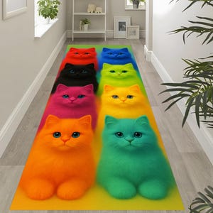 Regenboog puppy loper, blauw, oranje groen geel cartoon hondentapijt, levendig oranje, aqua, roze en citroengeel hondentapijten, blauwgele RUGS