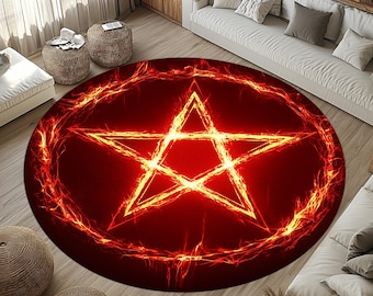 Gothic Pentagram Round Rug: Black & Red Protection Symbol