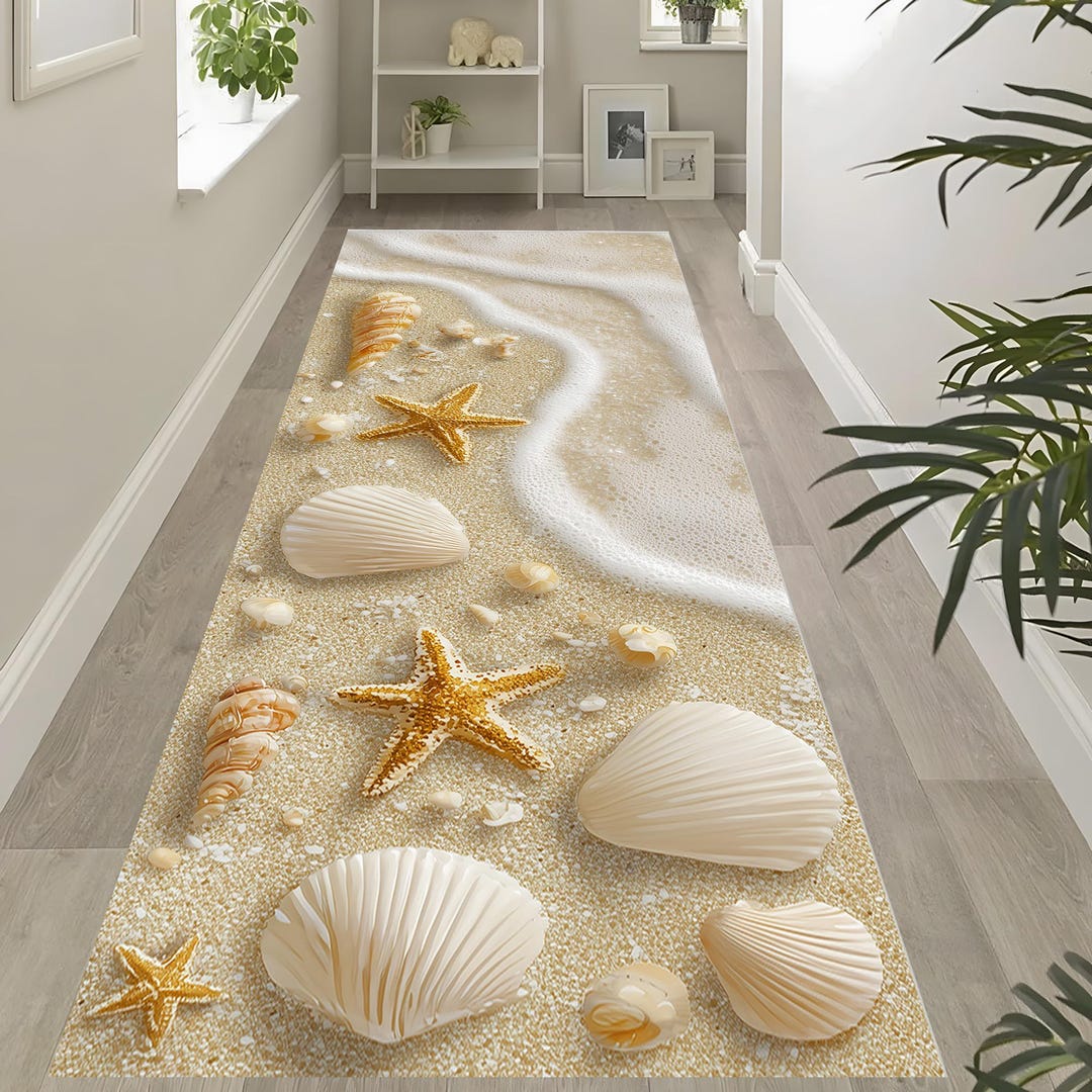 Sea Shell Patern Rug Beach Seashell Rug: Golden Starfish Carpet, Sand Wave Design, Coastal ...