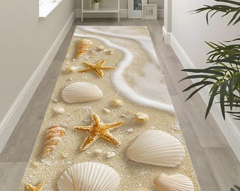 Beach Seashell Rug: Golden Starfish Carpet, Sand Wave Design, Coastal Summer Hallway Runner Decor