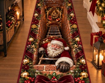 Tapis de Noël Père Noël, Tapis illusion cheminée 3D, Décoration de Noël bordeaux et or, Tapis de couloir de Noël, Tapis festif de Noël