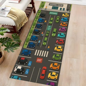 Kleurrijke parkeerplaatsillustratie met opladen van elektrische auto's, bomen, voetgangers RUGS, bovenaanzicht parkeerplaats parkeergarage RUGS, scène parkeerplaats winkelcentrum