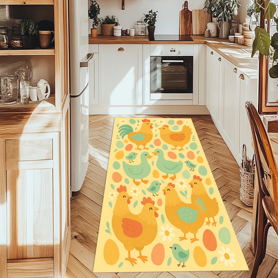 Chicken Rug Colorful Farmhouse Chicken Rug: Pastel Yellow Green Kitchen Carpet - Etsy