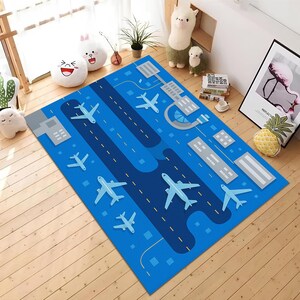 Tapis de jeu d'aéroport pour enfants, tapis d'activité pour la piste d'avion, tapis d'aviation éducatif, tapis bleu avion pour garçons, tapis de jeu d'aéroport pour enfants,