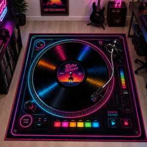 May include: A black rug with a neon-style turntable design. The rug features a large vinyl record in the center, with a colorful sunset graphic on the label. The design includes neon blue and pink accents, with the words "Retro Waves" and "Synth Sounds".