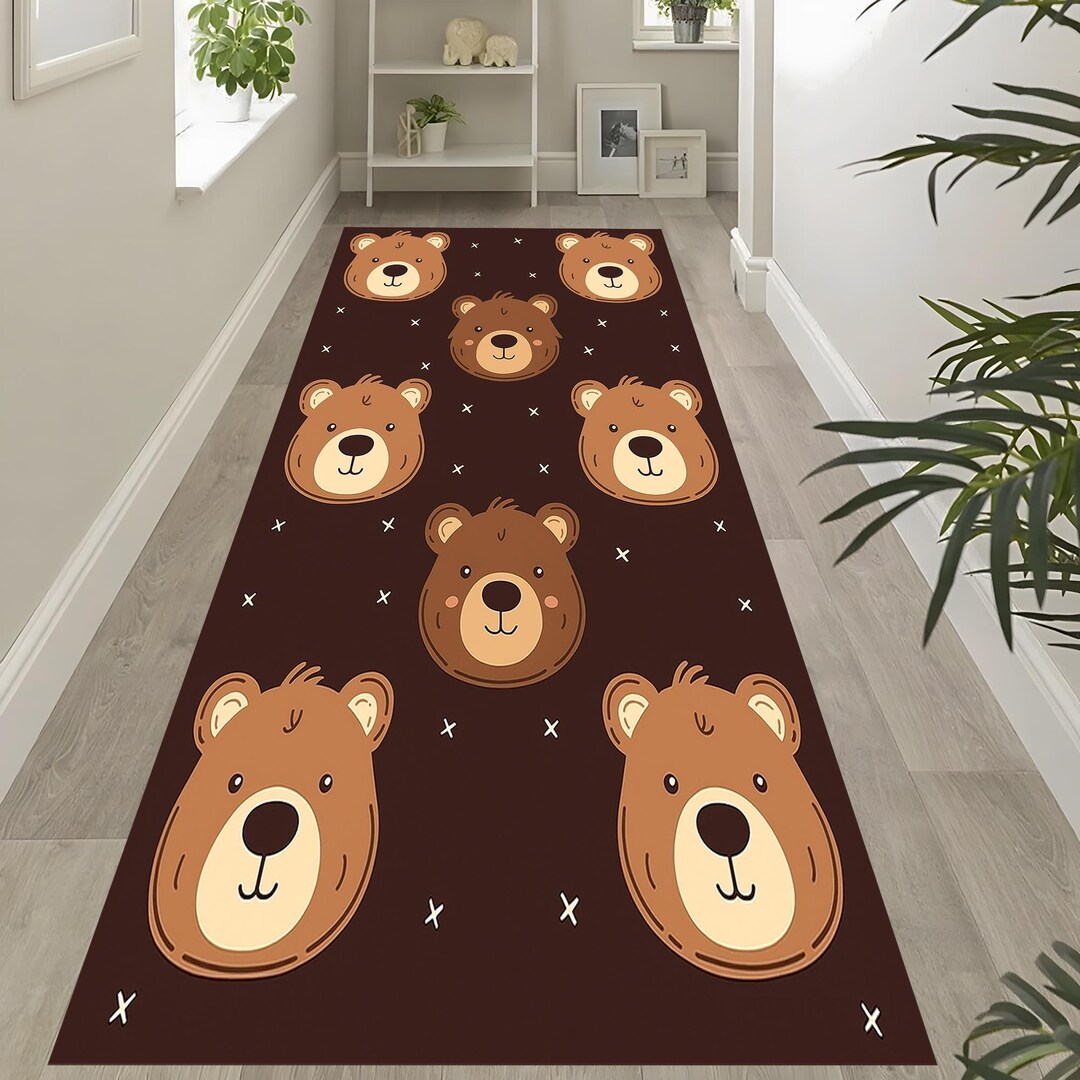 Brown Bear Rug: Cute Cartoon Faces Carpet, Playful Kids Runner, Cozy ...