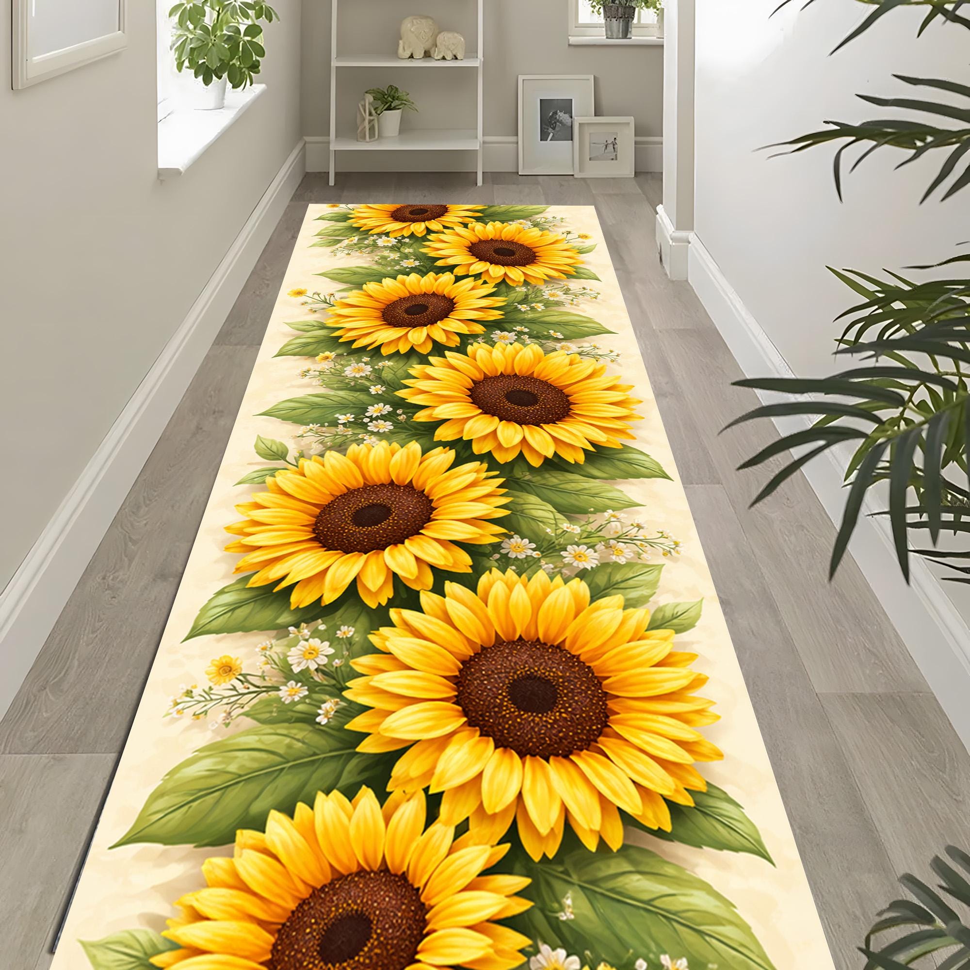 Sunflower Runner Rug: Yellow Floral Carpet, Green Leaf Botanical ...