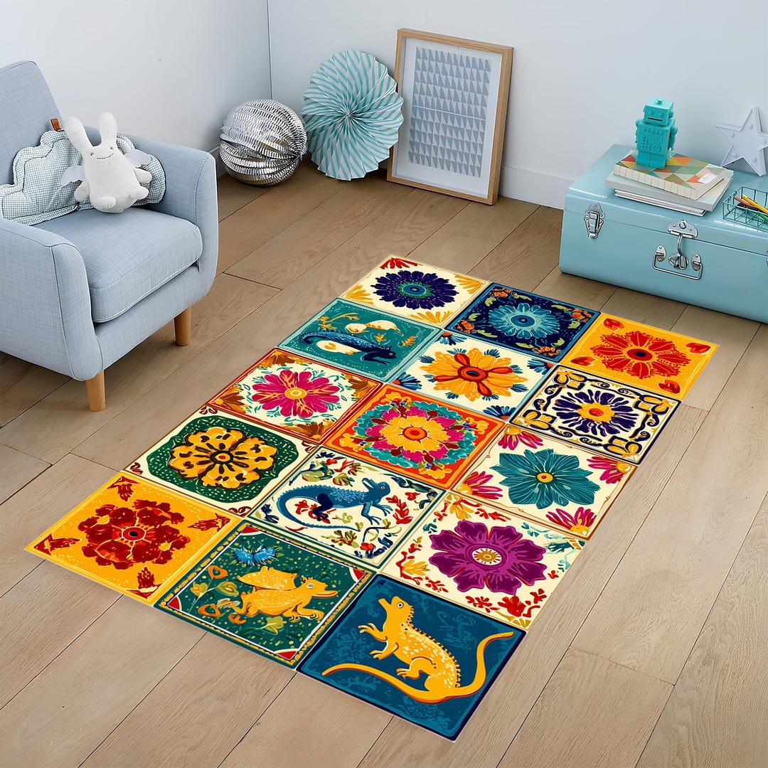 Mexican Talavera Tile Rug: Colorful Floral Folk Art Kitchen Mat - Etsy