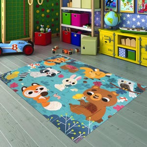 Grazioso tappeto con animali del bosco per la cameretta dei bambini – Tappeto da gioco Forest Friends – Tappeto colorato con animali dei cartoni animati per bambini piccoli e tappeti per la decorazione della cameretta dei bambini