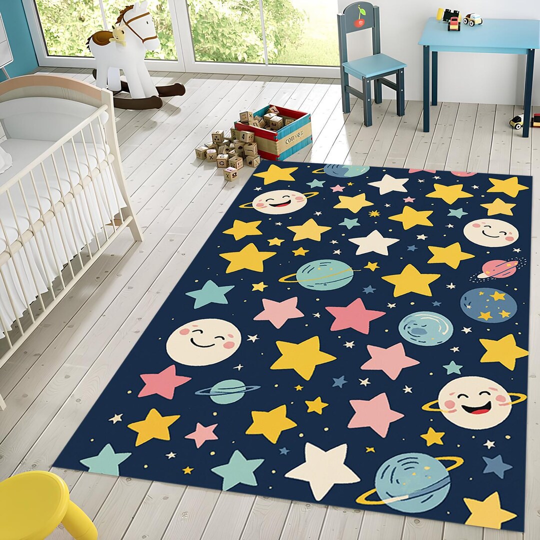 Aplinestars Rug Space Theme Kids Rug - Smiling Stars & Planets Carpet - Galaxy Nursery ...
