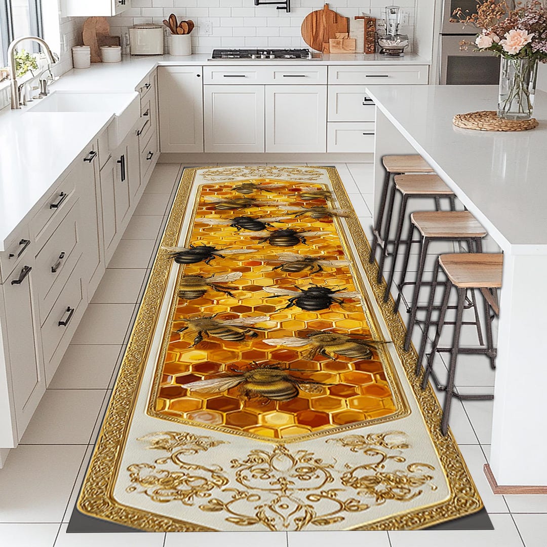 Bee Kitchen Rug Honey Bee Runner Rug: Gold Honeycomb Carpet, Ivory Ornate Border Design ...