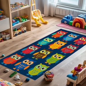 Alfombra de corredor de búho colorido, linda alfombra de pájaro de dibujos animados para habitación de niños ALFOMBRAS, tapete de juego divertido y brillante con búhos ALFOMBRA, alfombra de corredor de búho colorido,
