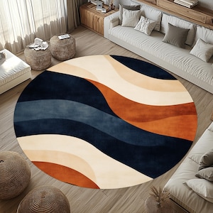 Mid Century Modern Round Rug: Abstract Wave Design, Non-Slip Cotton (24 inch)